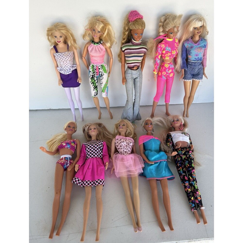 Mattel Barbie Lot of 10 Dressed Fashion Dolls Colorful 80s 90s Style Clothes